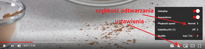 szybkość odtwarzania filmu na YOUTUBE zmieniamy wchodząc w ustawienia/settings, a następnie wybierając odpowiednią wartość w szybkości/speed